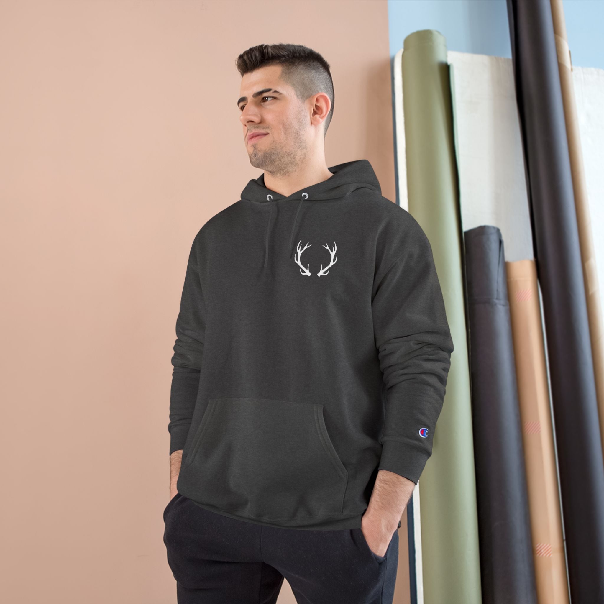 Cozy Champion Hoodie with Antler Design, Perfect for Fall Style, Gift for Outdoors Lovers, Casual Wear