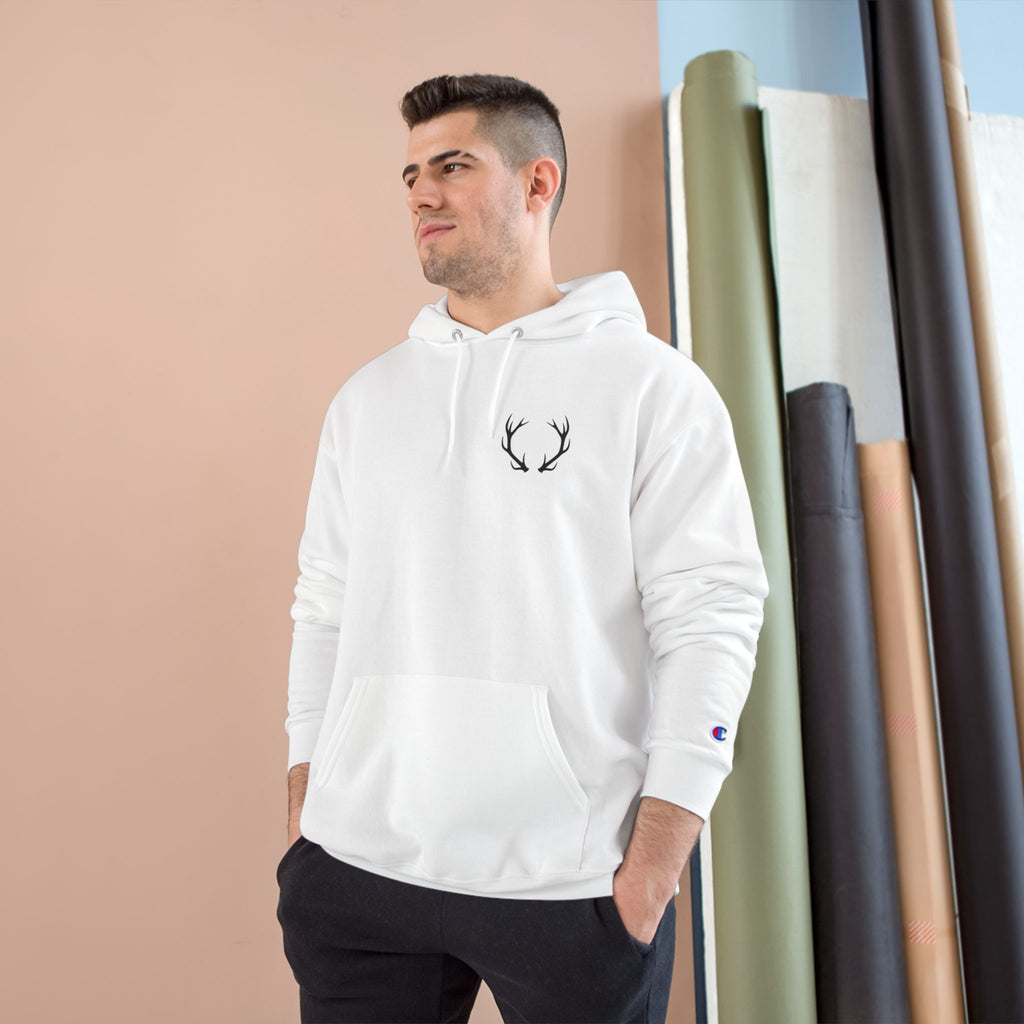 Cozy Champion Hoodie with Antler Design, Perfect for Fall Style, Gift for Outdoors Lovers, Casual Wear