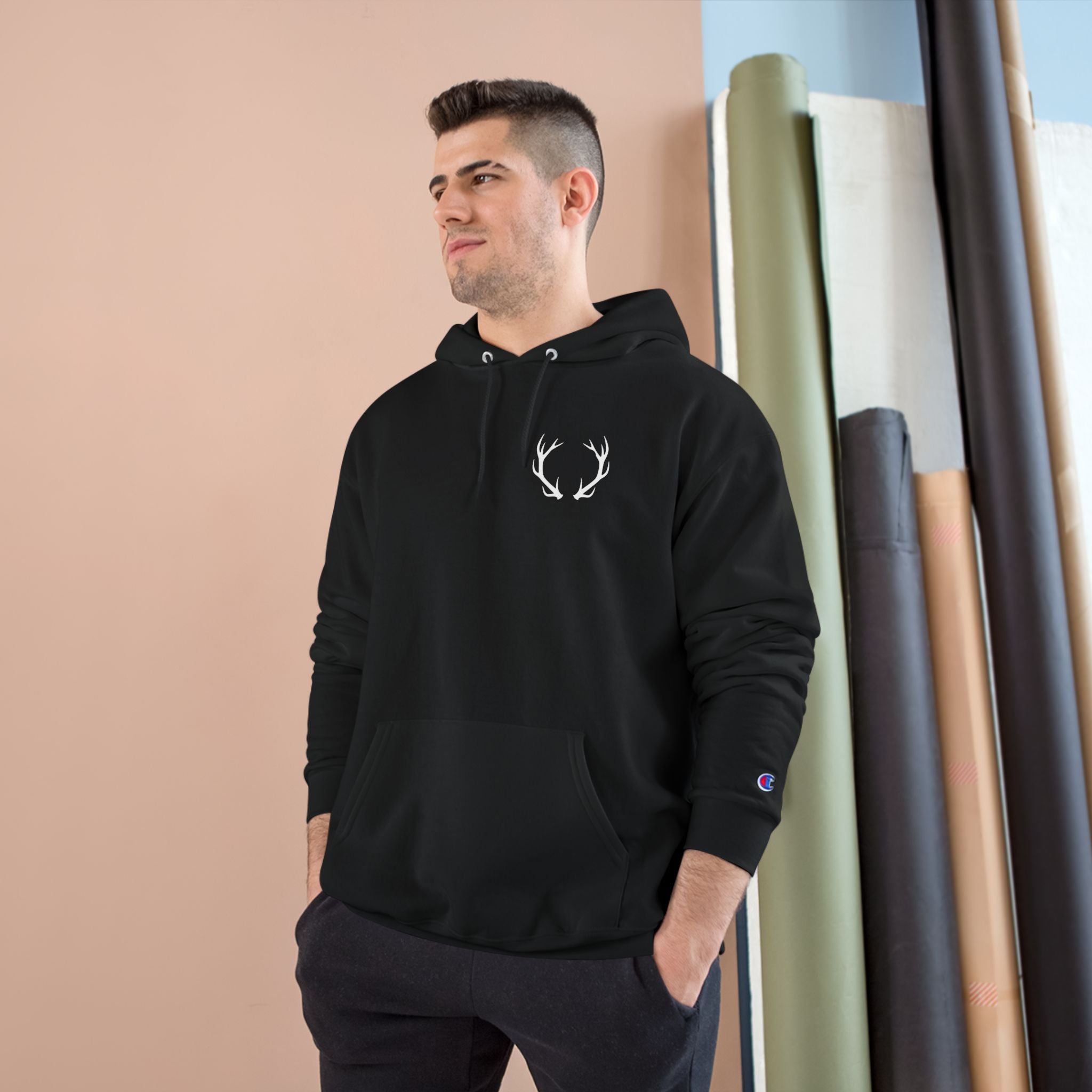 Cozy Champion Hoodie with Antler Design, Perfect for Fall Style, Gift for Outdoors Lovers, Casual Wear