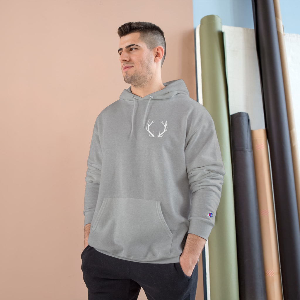 Cozy Champion Hoodie with Antler Design, Perfect for Fall Style, Gift for Outdoors Lovers, Casual Wear