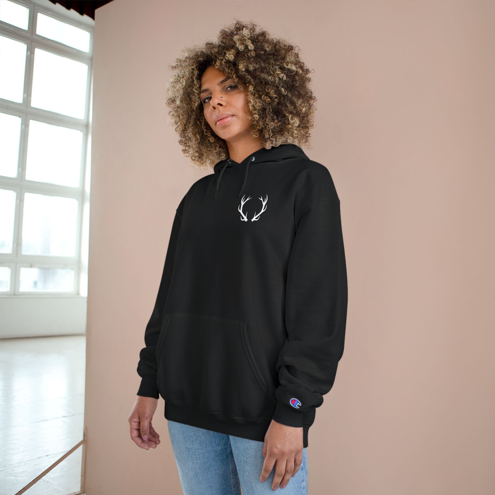 Cozy Champion Hoodie with Antler Design, Perfect for Fall Style, Gift for Outdoors Lovers, Casual Wear