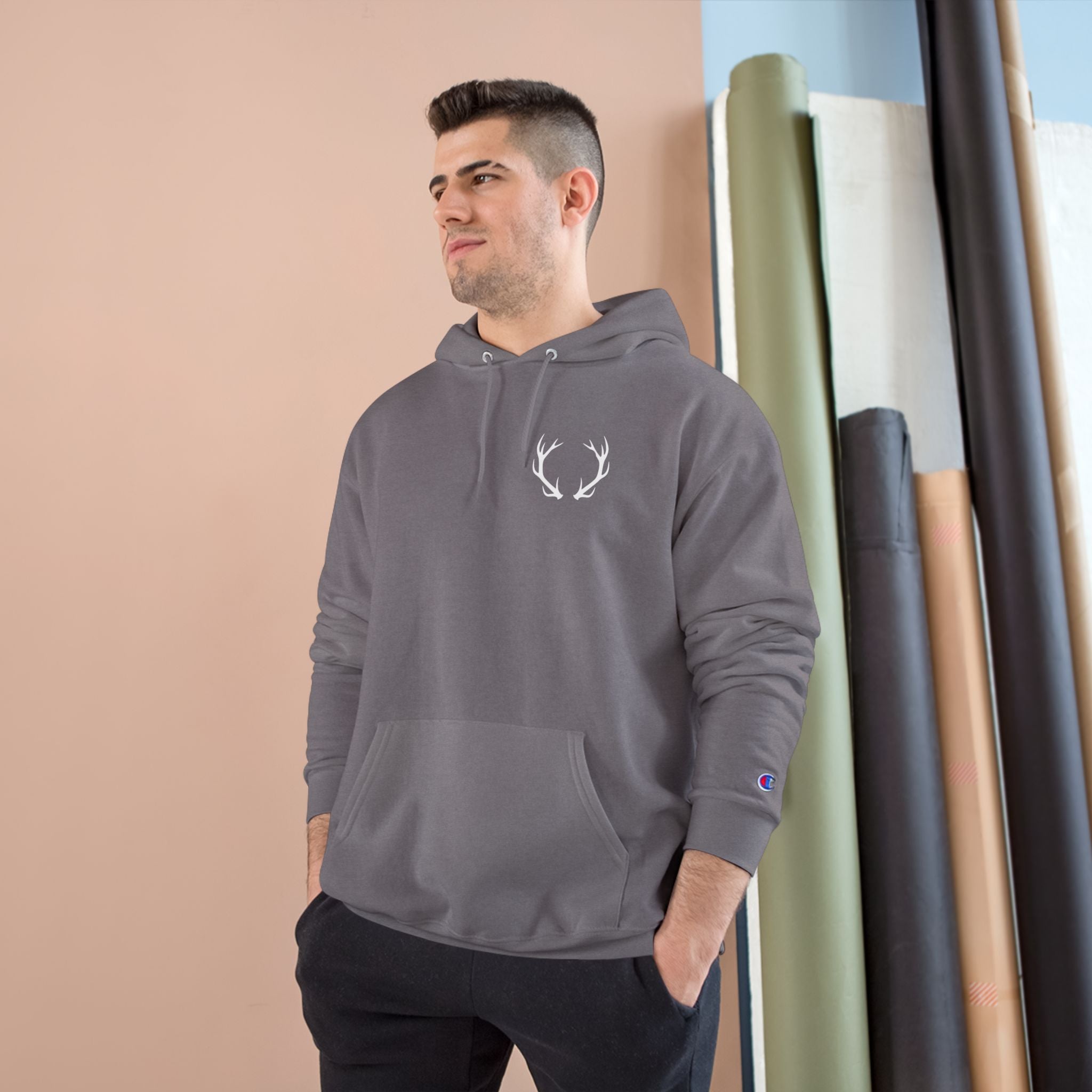 Cozy Champion Hoodie with Antler Design, Perfect for Fall Style, Gift for Outdoors Lovers, Casual Wear