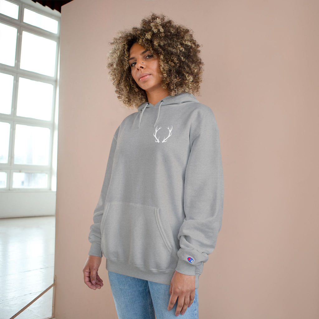 Cozy Champion Hoodie with Antler Design, Perfect for Fall Style, Gift for Outdoors Lovers, Casual Wear