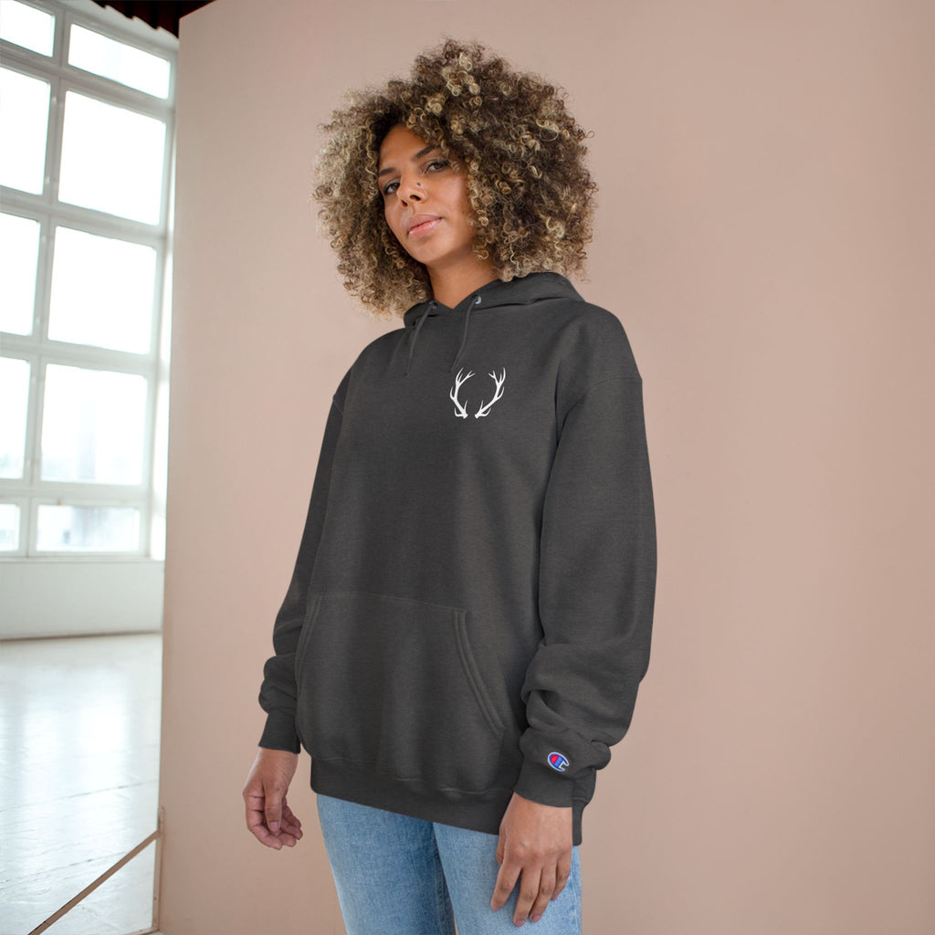 Cozy Champion Hoodie with Antler Design, Perfect for Fall Style, Gift for Outdoors Lovers, Casual Wear