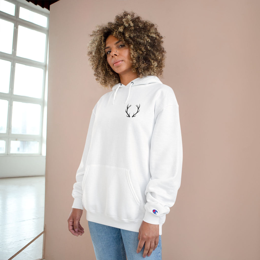 Cozy Champion Hoodie with Antler Design, Perfect for Fall Style, Gift for Outdoors Lovers, Casual Wear