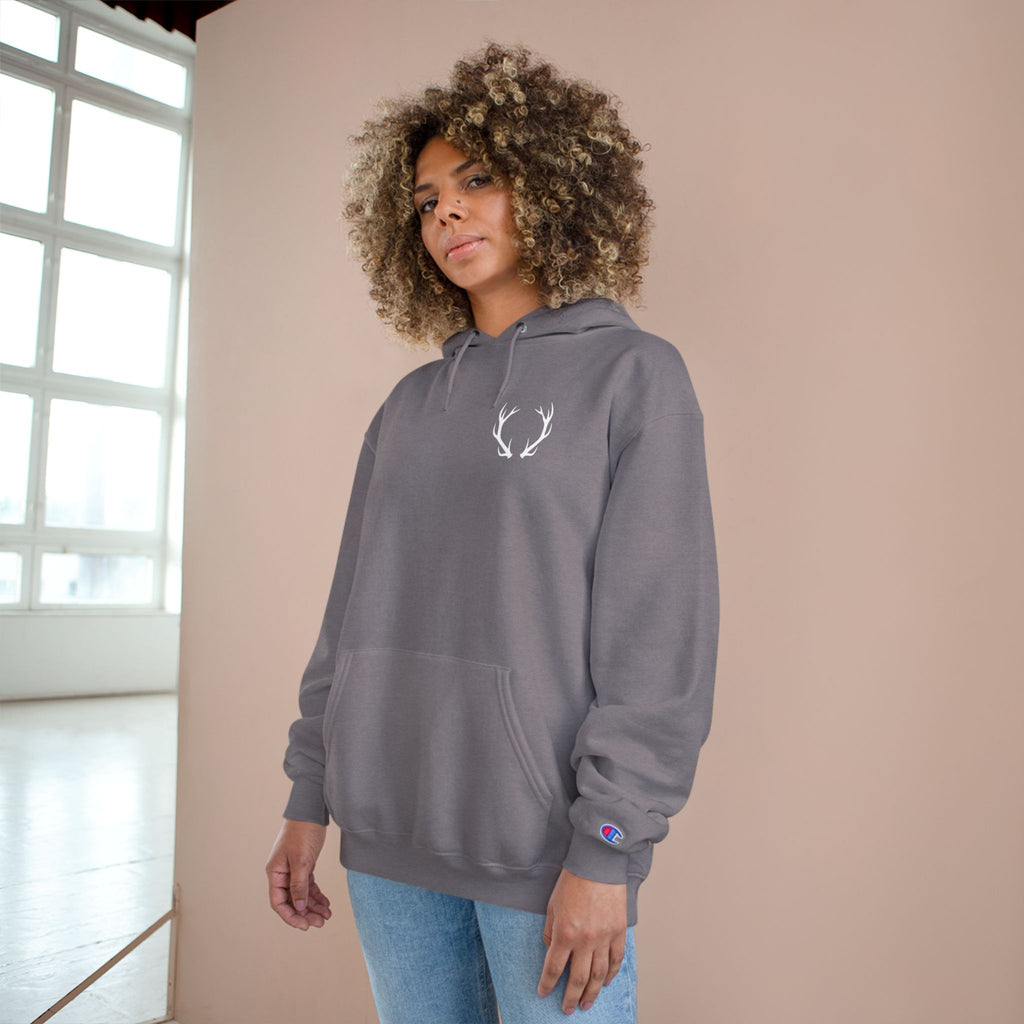 Cozy Champion Hoodie with Antler Design, Perfect for Fall Style, Gift for Outdoors Lovers, Casual Wear