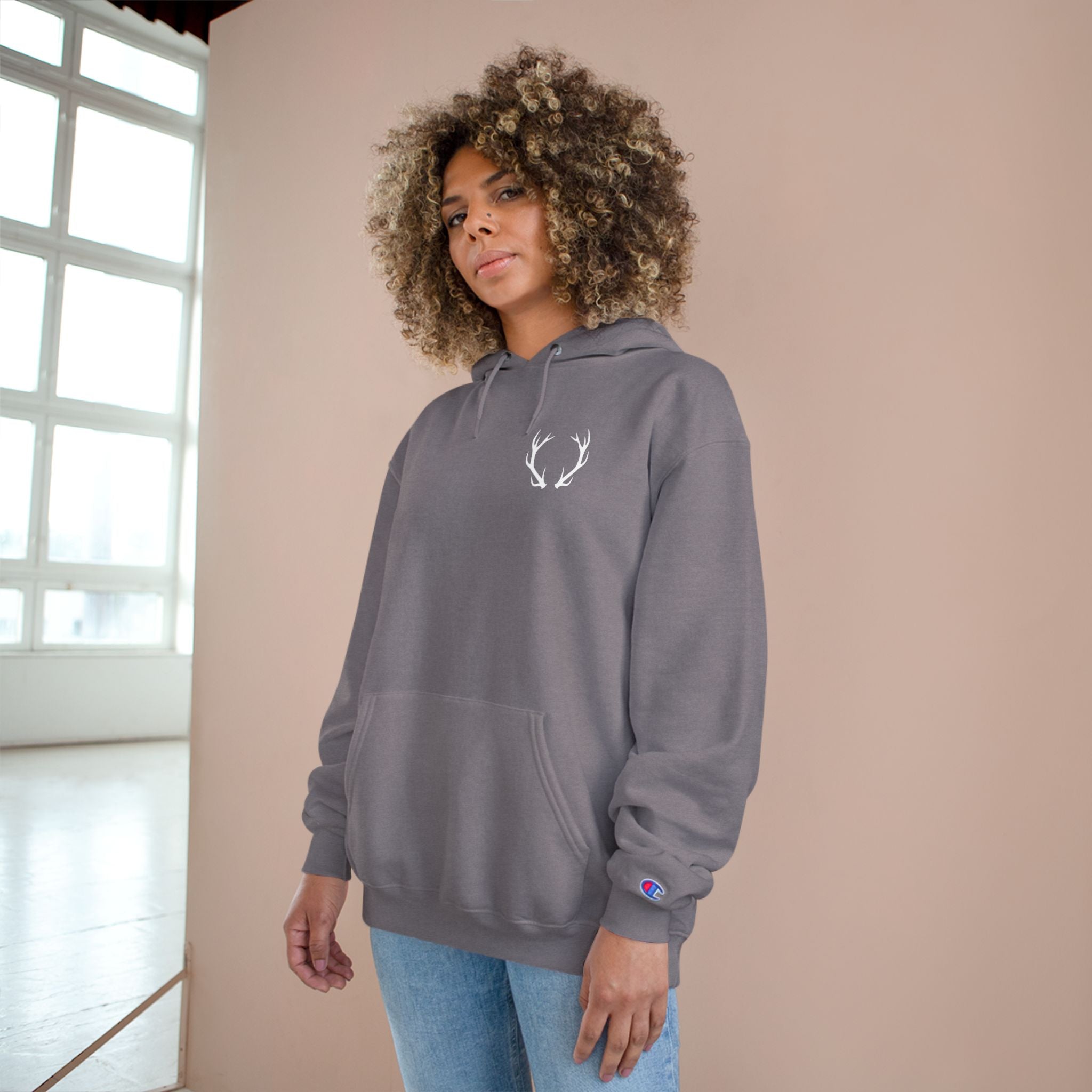 Cozy Champion Hoodie with Antler Design, Perfect for Fall Style, Gift for Outdoors Lovers, Casual Wear